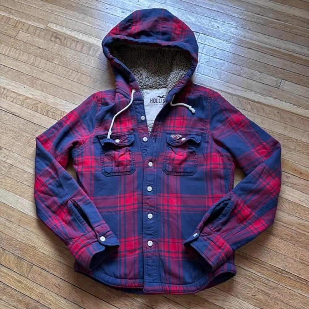 Hollister Vintage Y2K Men's Plaid Sherpa-Lined Shacket Hoodie Size S